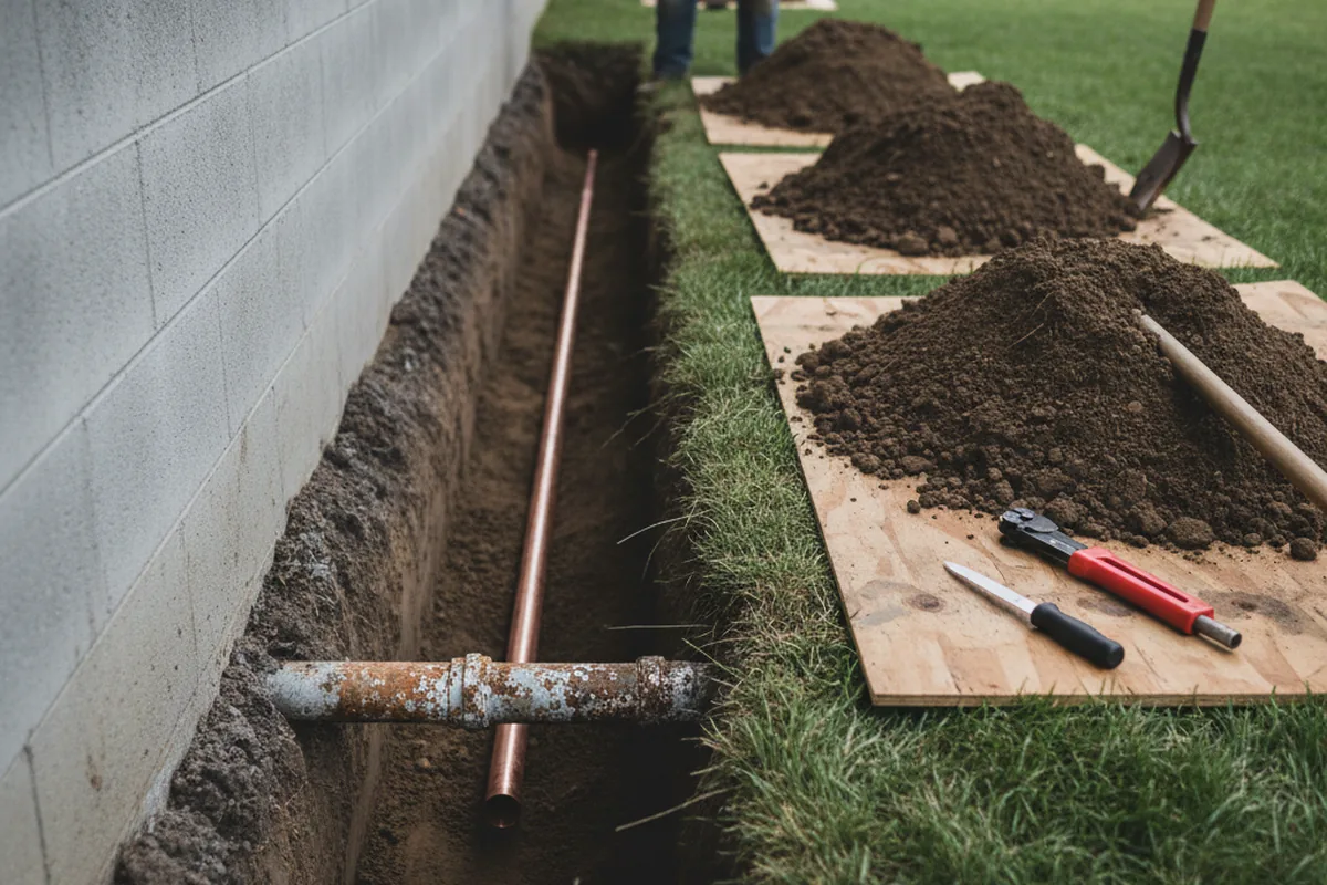 Excavated water line trench during Sewer Line Repair in North